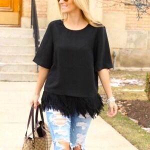 Banana Republic Crepe Fringe Top Women Size Small Black Layered Short Sleeve